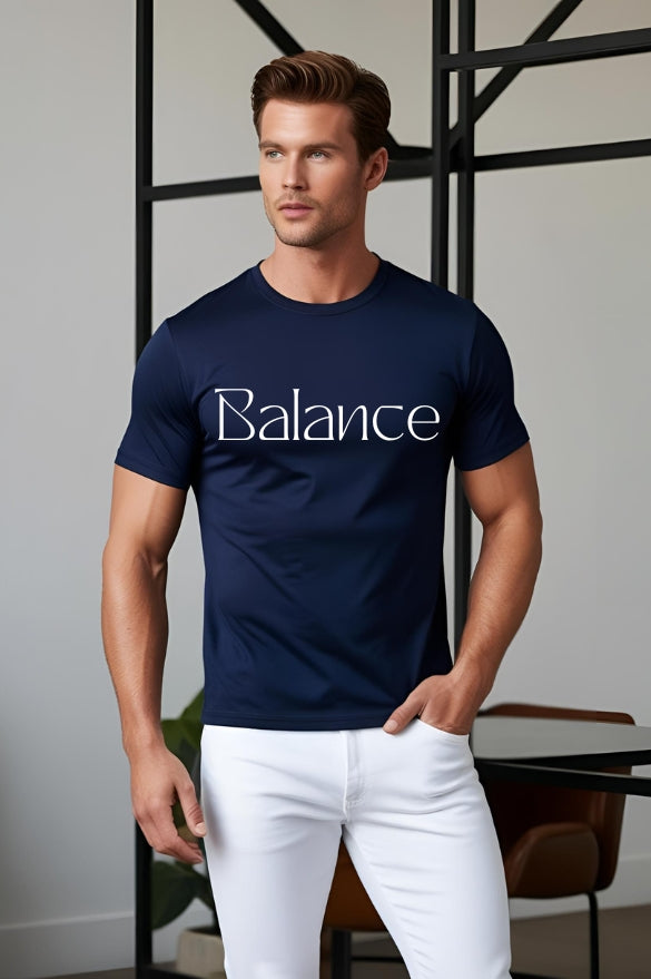 Men's Navy Blue Round Neck Half Sleeve "Balance" Graphic T-shirt