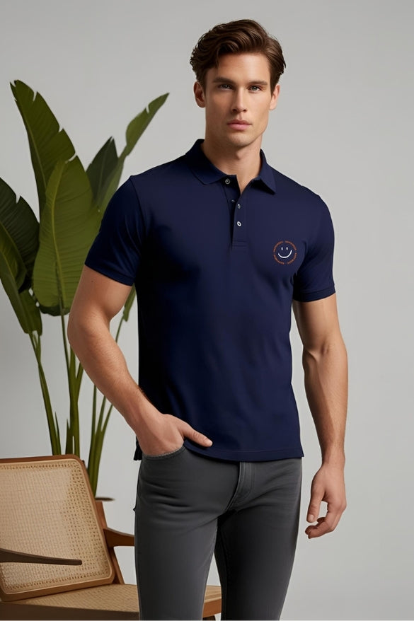 Men's Circular "Happiness" Graphic Navy-Blue Polo T-shirt