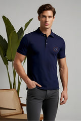 Men's Circular "Happiness" Graphic Navy-Blue Polo T-shirt