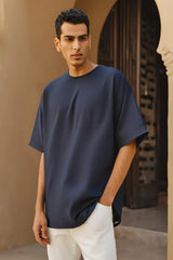 Unisex Navy-Blue Round Neck Half Sleeve Different View Oversized T-shirt