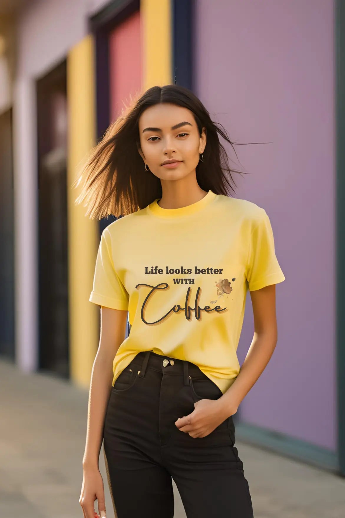 Women's "Life with Coffee" New Yellow Half Sleeve T-shirt