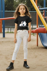 Girls Black Round Neck Half Sleeve Panda T-shirt