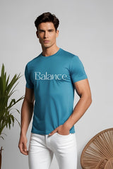 Men's Petrol Blue Round Neck Half Sleeve "Balance" Graphic T-shirt