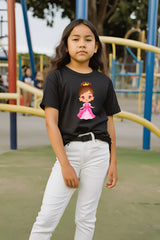 Girls Black Round Neck Half Sleeve Princess T-shirt