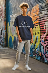 Unisex Navy Blue Programmer Terry Cotton Oversized T-shirt