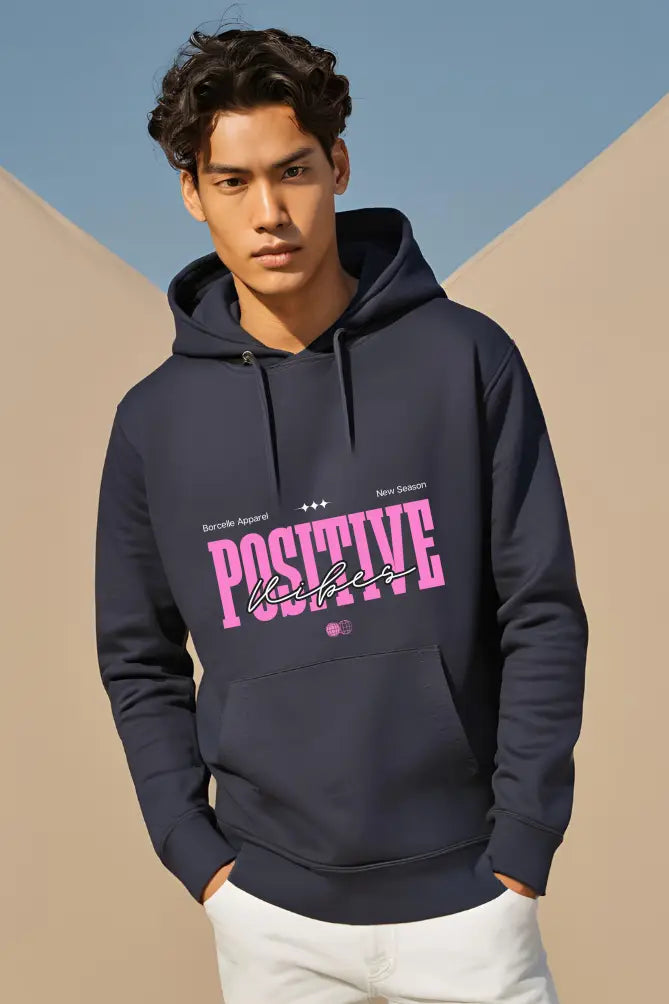 Men's Positive Vibes Navy-Blue Hooded Sweatshirt