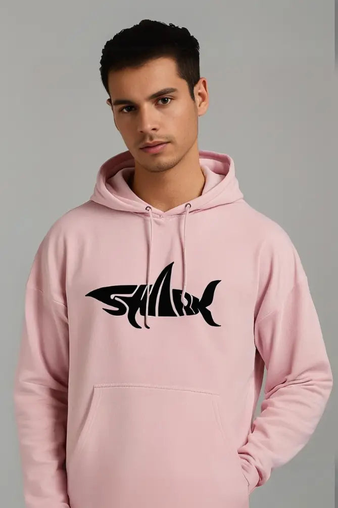 Men's Shark Typography Baby Pink Oversized Hooded Sweatshirt