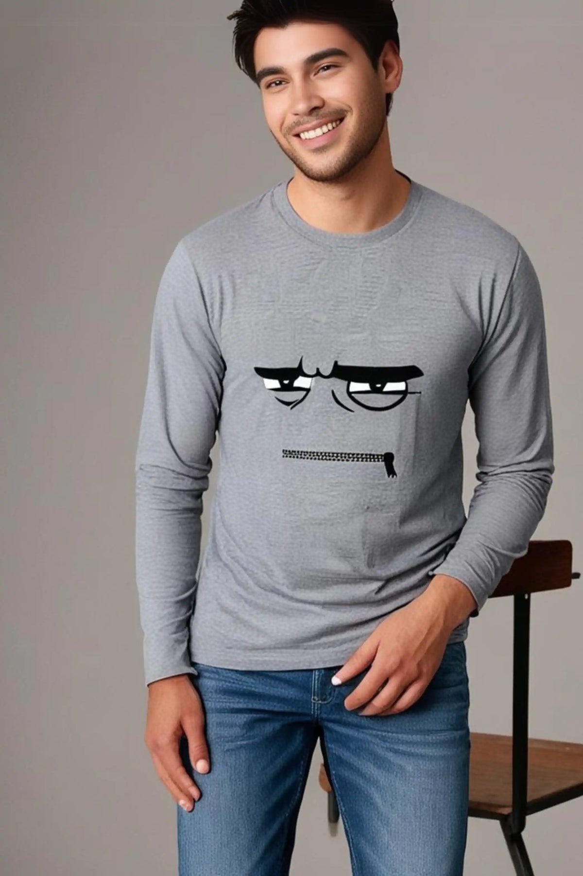 Men's Grey Melange Round Neck Full Sleeve Shut-UP emoji T-Shirt