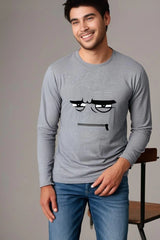 Men's Grey Melange Round Neck Full Sleeve Shut-UP emoji T-Shirt