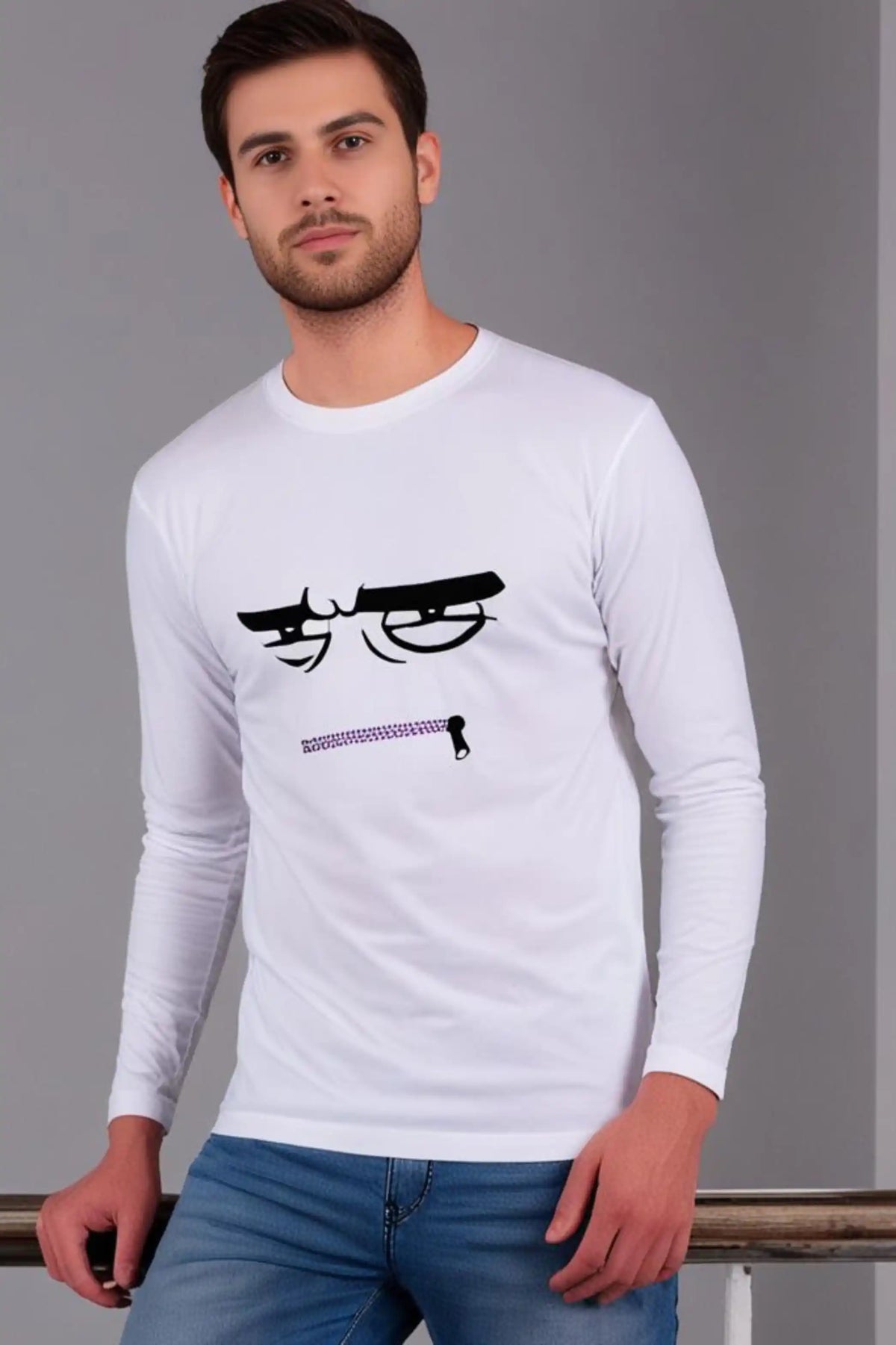 Men's White Round Neck Full Sleeve Shut-UP emoji T-Shirt