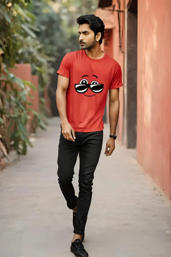 Men's Round Neck Red Half Sleeve Sunglasses T-Shirt