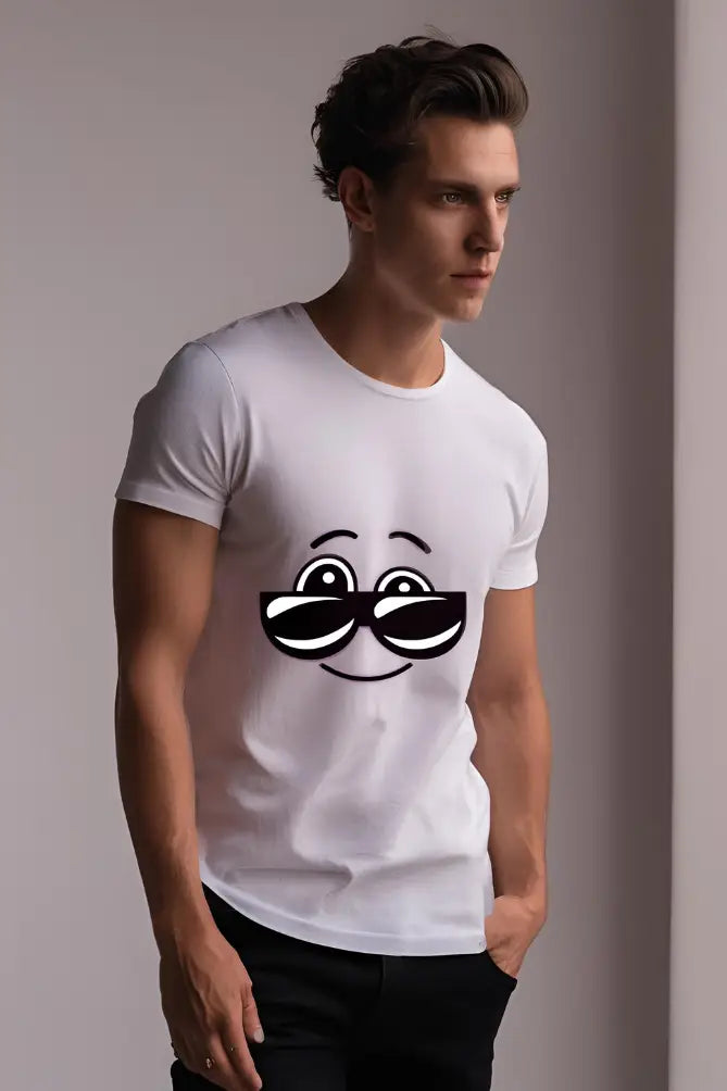 Men's Round Neck White Half Sleeve Sunglasses T-Shirt