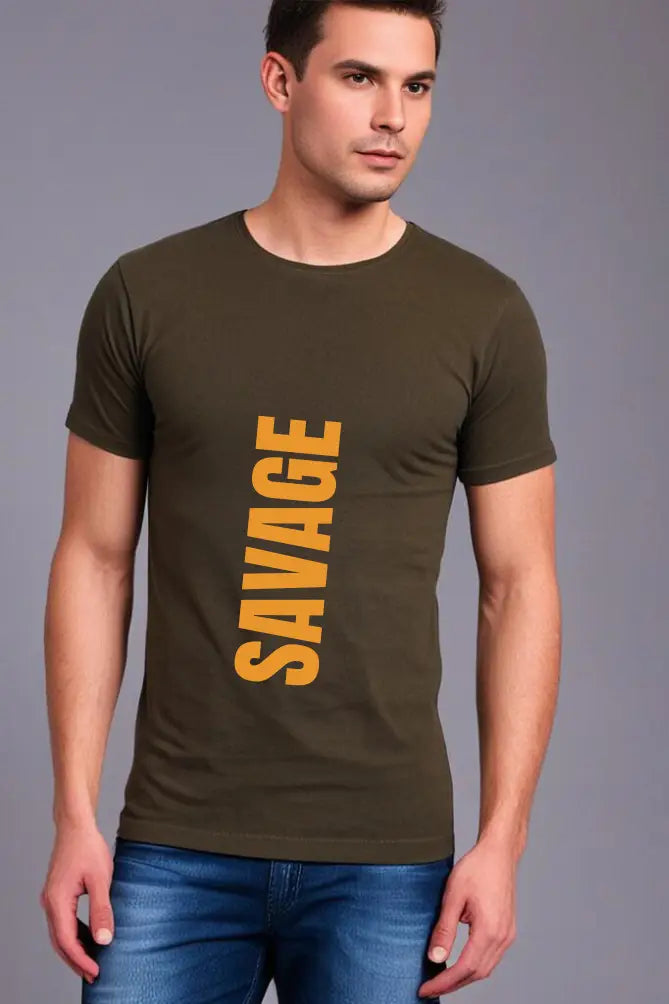 Men's Round Neck Olive Green Half Sleeve Savage T-Shirt
