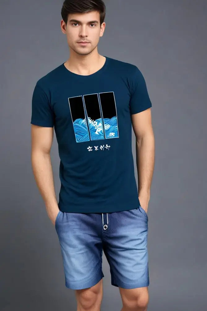 Men's Round Neck Petrol Blue Half Sleeve Tidal Art T-Shirt