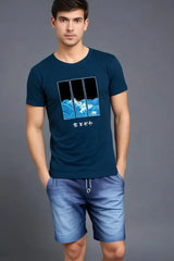 Men's Round Neck Petrol Blue Half Sleeve Tidal Art T-Shirt