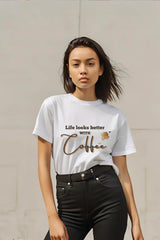 Women's "Life with Coffee" White Half Sleeve T-shirt