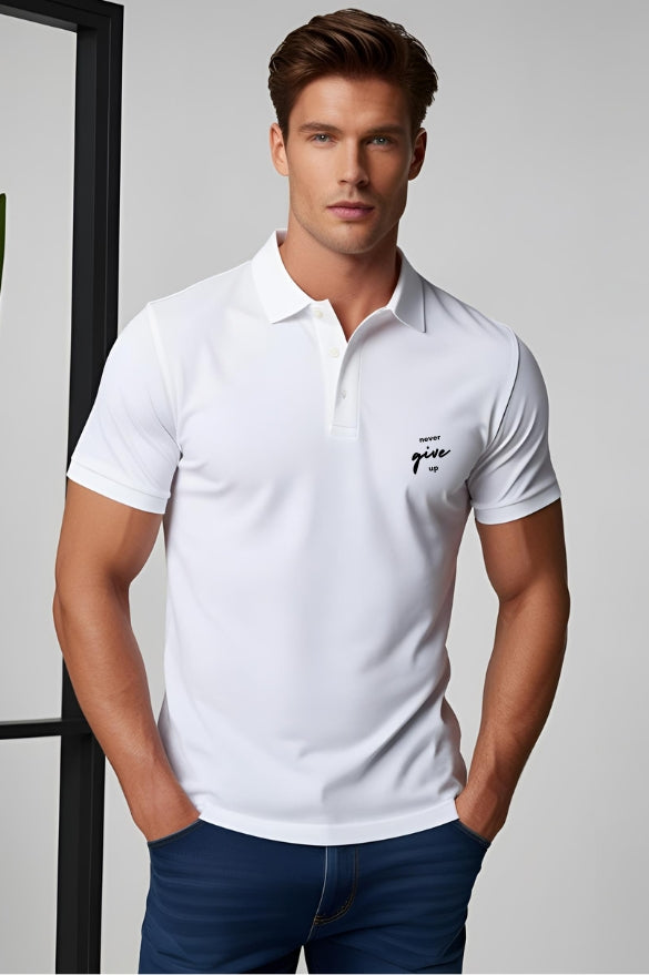 Men's Minimalist "Never Give Up" White Polo T-shirt