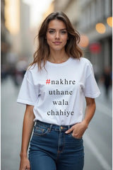 Women's Humorous Hindi Quote Graphics White Half Sleeve T-shirt