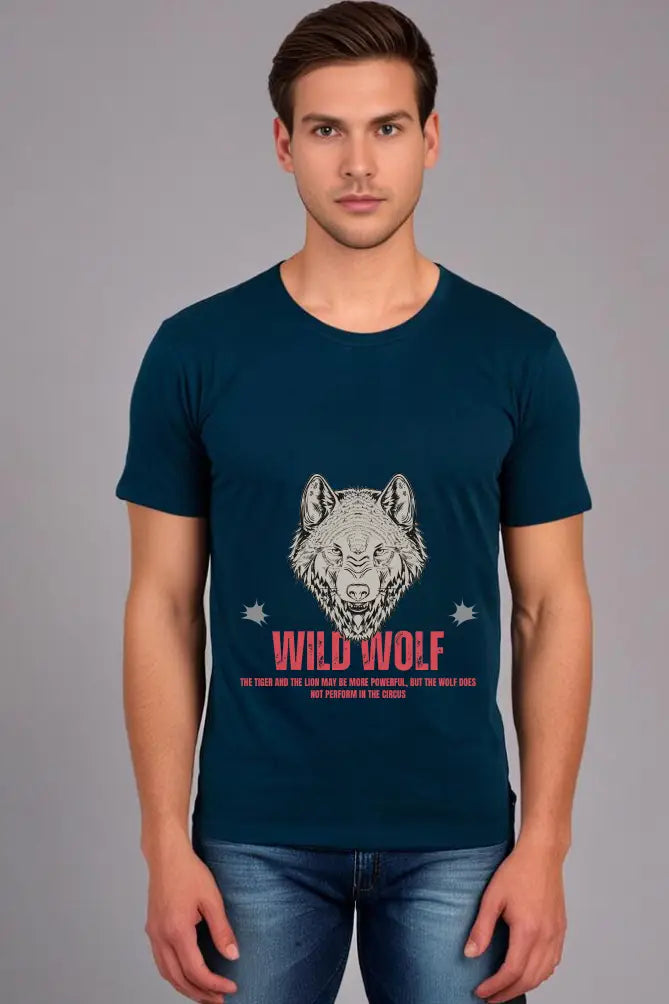 Men's Round Neck Petrol Blue Half Sleeve Wild Wolf T-Shirt