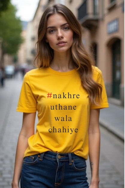 Women Humorous Hindi Quote Graphics Yellow Half Sleeve Tshirt